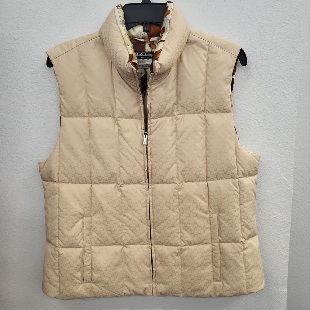 Vintage Salvatore Ferragamo Puffer Vest, Beige, Size Large